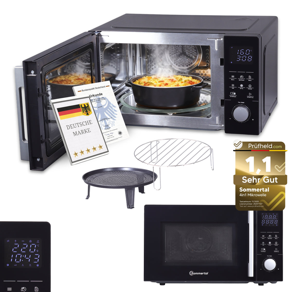 4in1 Mikrowelle MW2200 25L - Touch, Grill, Heißluft, 8 Programme, 60 Min Timer, Kindersicherung, Express-Start, Rost, Crisp-Pfanne