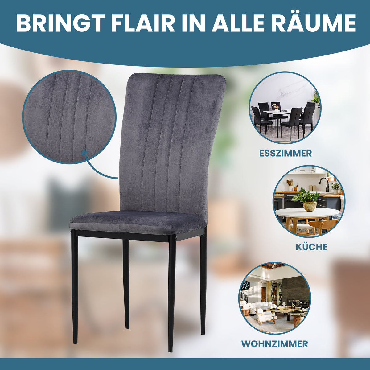 ALBATROS Designer Esszimmerstuhl MODENA | 4er/6er Set | Schwarz, Grau, Braun| Samt Bezug