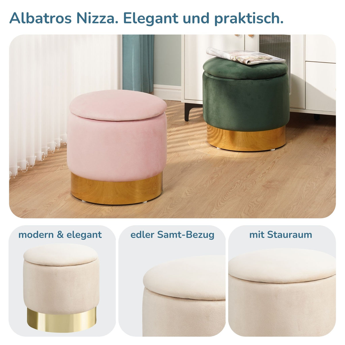 Sitzhocker mit Stauraum NIZZA Sherpa oder Samtbezug