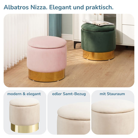 Sitzhocker mit Stauraum NIZZA Sherpa oder Samtbezug