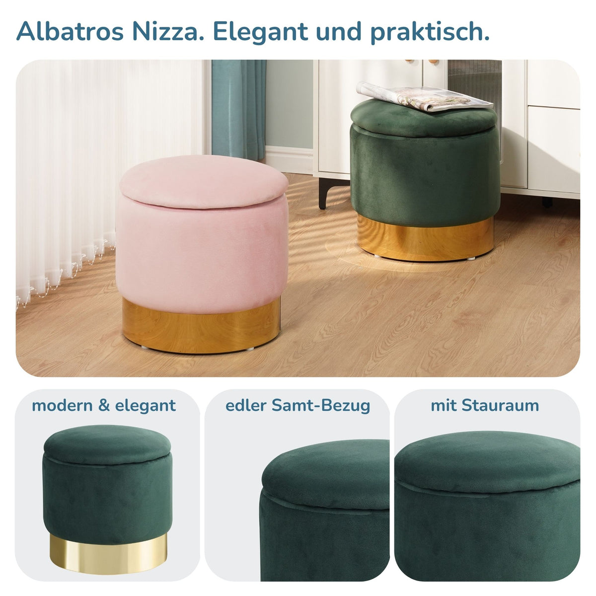 Sitzhocker mit Stauraum NIZZA Sherpa oder Samtbezug