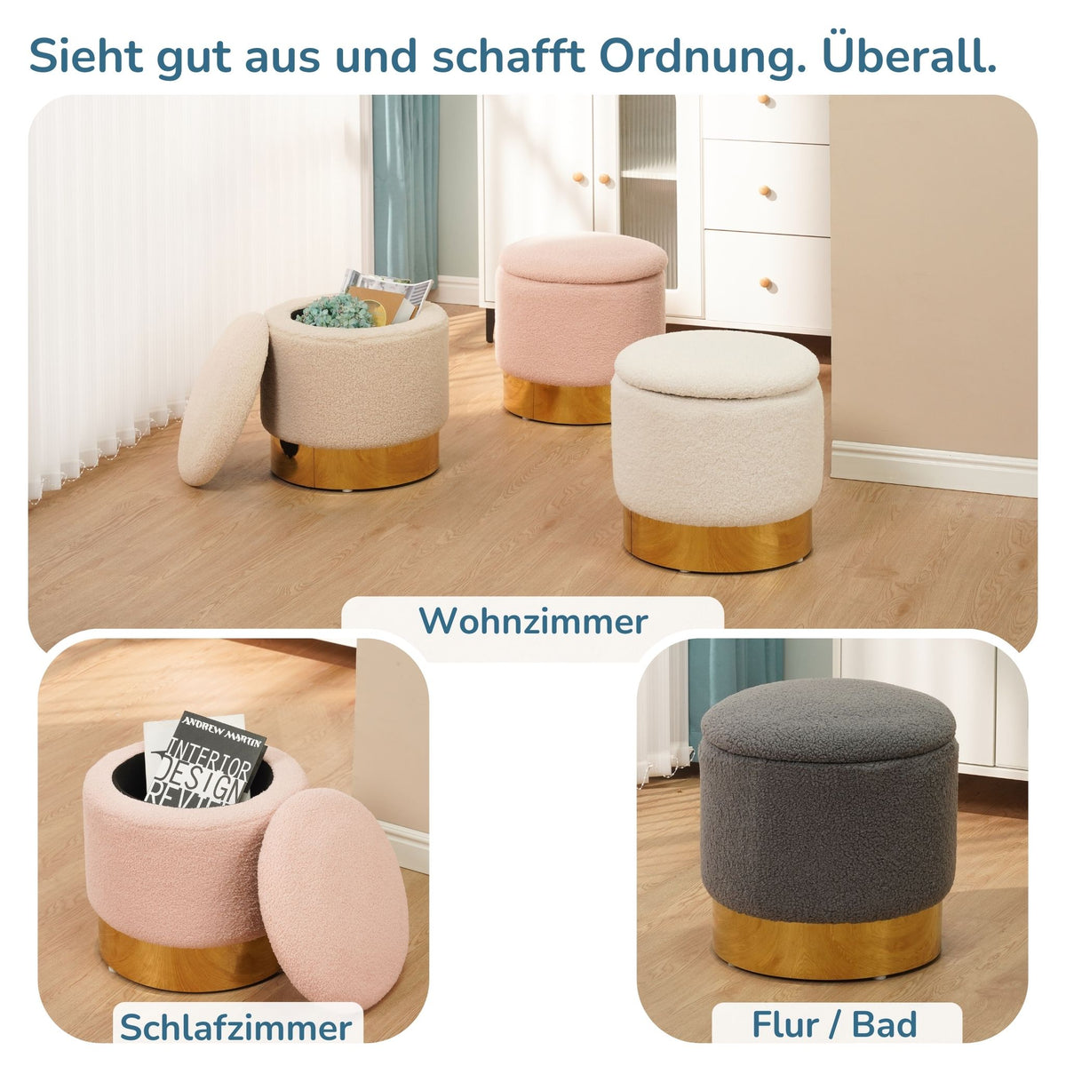 Sitzhocker mit Stauraum NIZZA Sherpa oder Samtbezug