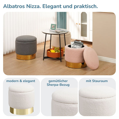 Sitzhocker mit Stauraum NIZZA Sherpa oder Samtbezug