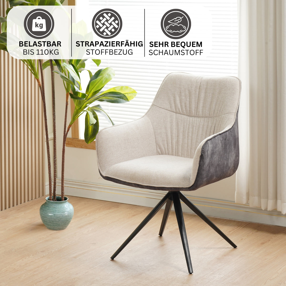 RAVINO Designer Drehstuhl PULA | 1er Set | Grau, Beige | Stoff Bezug