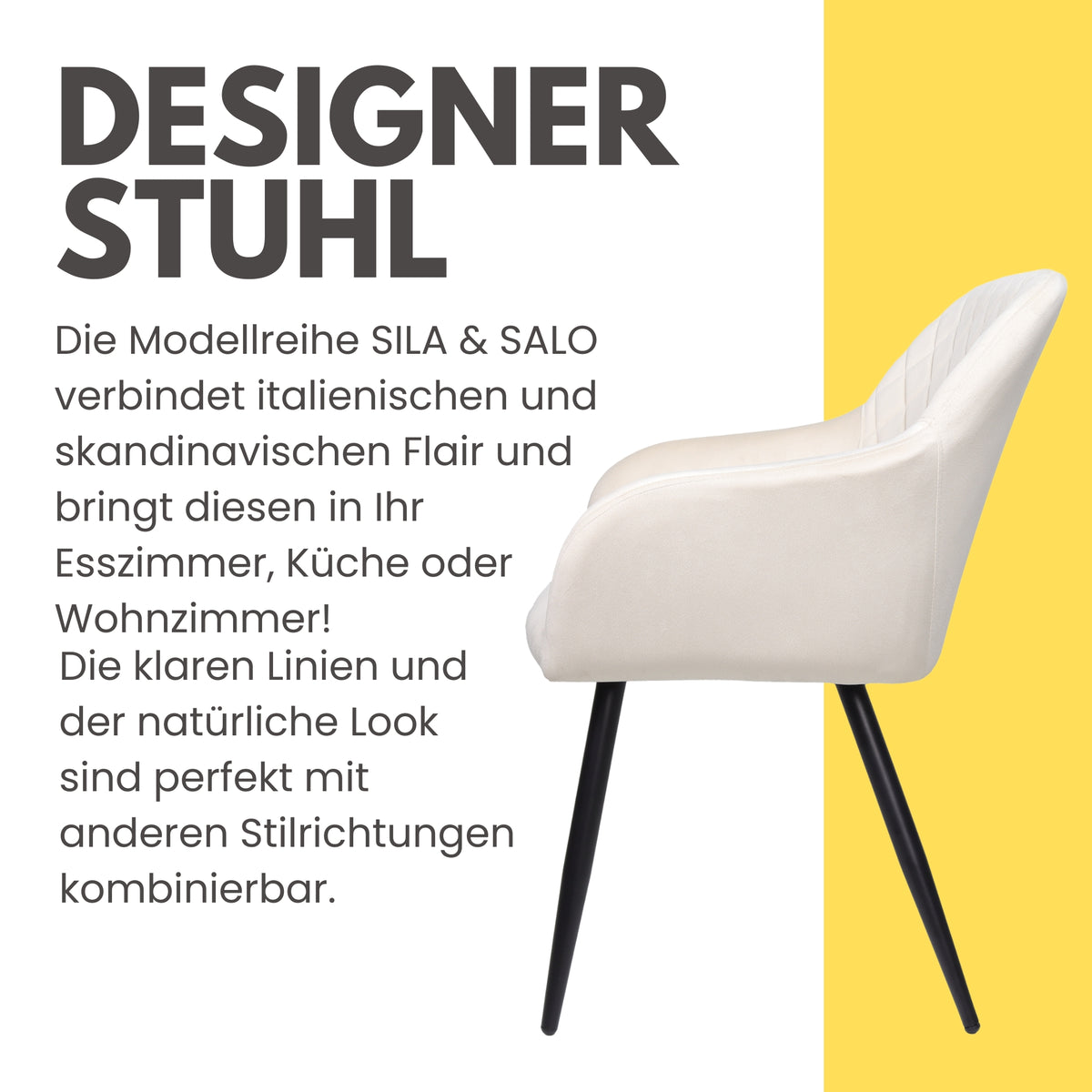 ALBATROS Designer Esszimmerstuhl SALO | 2er Set | Schwarz, Grau, Beige | Samt Bezug