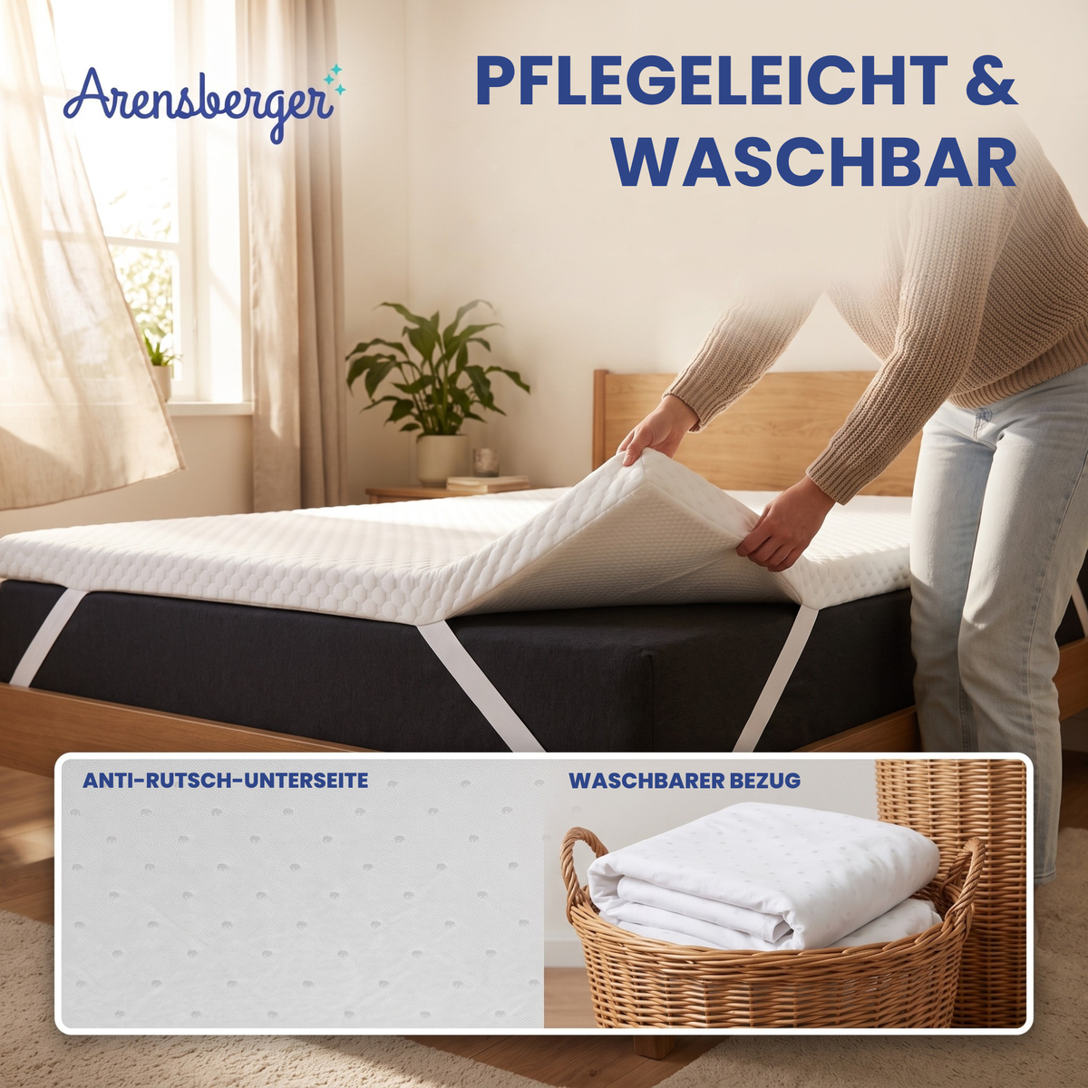 Arensberger Matratzen Topper SOFT, Memory Foam Matratzentopper, waschbarer Bezug, geeignet für Federkern & Schaumstoff Matratzen, H2, Matratzenauflage Höhe 5cm