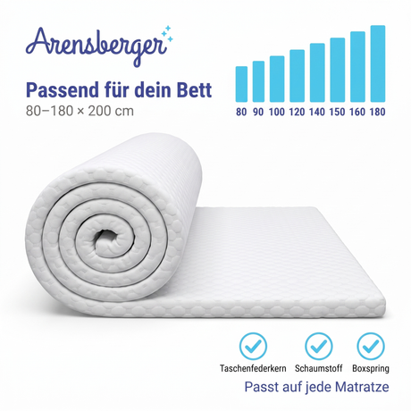 Arensberger Matratzen Topper SOFT, Memory Foam Matratzentopper, waschbarer Bezug, geeignet für Federkern & Schaumstoff Matratzen, H2, Matratzenauflage Höhe 5cm