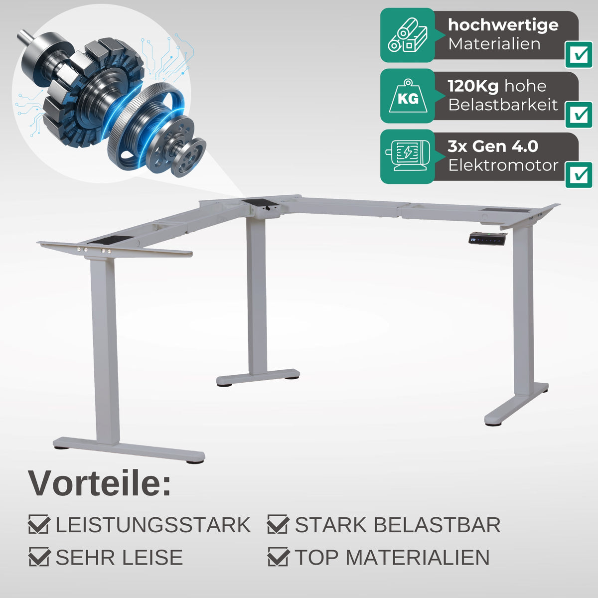 Eckschreibtisch Gestell LIFT L7, stufenlos verstellbar in Höhe, Breite und Winkel, 3 Motoren, elektrisch