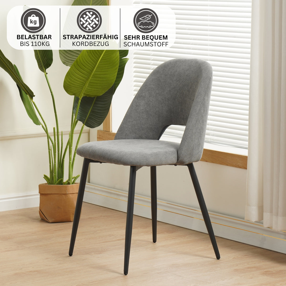 ALBATROS Designer Esszimmerstuhl SILVI | 2er Set | Schwarz, Grau, Beige | Cord Bezug