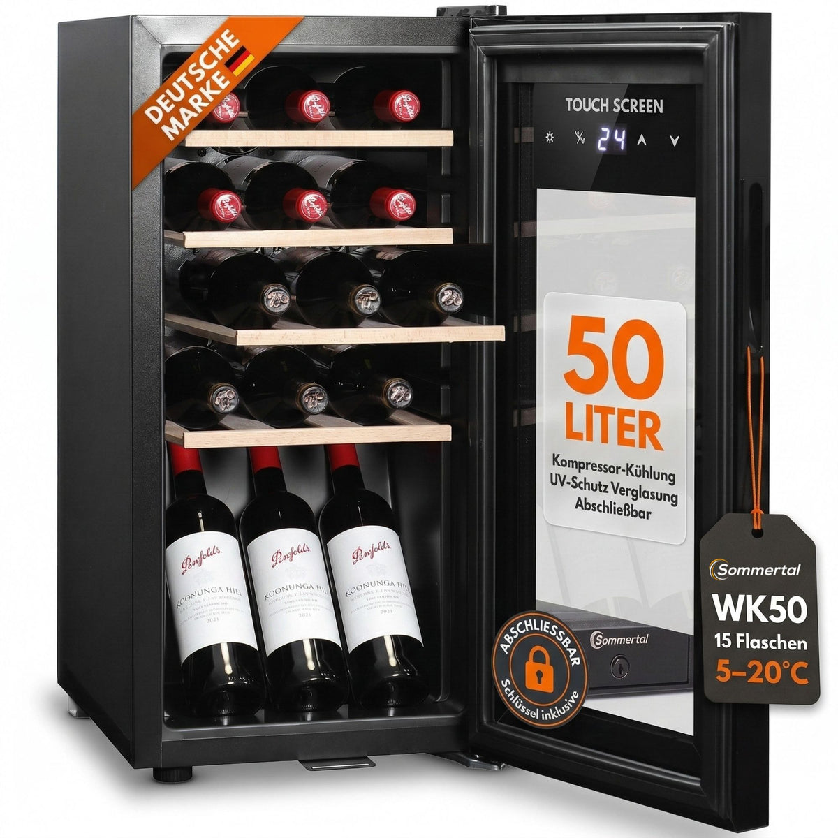 WK 50 Weinkühlschrank – 15 Flaschen, 5–20 °C einstellbar, abschließbar, LED-Beleuchtung, Glastür, Touchscreen, 4 Holz-Einlegeböden, leise