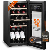 WK 50 Weinkühlschrank – 15 Flaschen, 5–20 °C einstellbar, abschließbar, LED-Beleuchtung, Glastür, Touchscreen, 4 Holz-Einlegeböden, leise