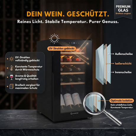 WK 50 Weinkühlschrank – 15 Flaschen, 5–20 °C einstellbar, abschließbar, LED-Beleuchtung, Glastür, Touchscreen, 4 Holz-Einlegeböden, leise