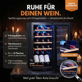 WK 50 Weinkühlschrank – 15 Flaschen, 5–20 °C einstellbar, abschließbar, LED-Beleuchtung, Glastür, Touchscreen, 4 Holz-Einlegeböden, leise