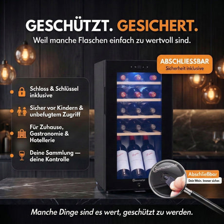 WK 50 Weinkühlschrank – 15 Flaschen, 5–20 °C einstellbar, abschließbar, LED-Beleuchtung, Glastür, Touchscreen, 4 Holz-Einlegeböden, leise