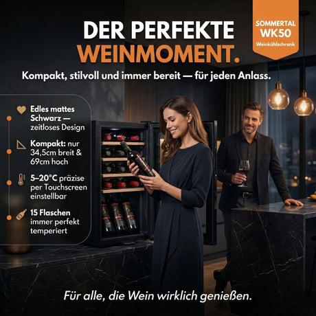 WK 50 Weinkühlschrank – 15 Flaschen, 5–20 °C einstellbar, abschließbar, LED-Beleuchtung, Glastür, Touchscreen, 4 Holz-Einlegeböden, leise