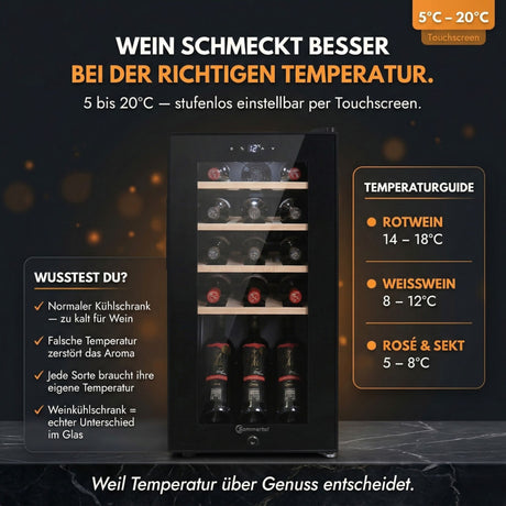 WK 50 Weinkühlschrank – 15 Flaschen, 5–20 °C einstellbar, abschließbar, LED-Beleuchtung, Glastür, Touchscreen, 4 Holz-Einlegeböden, leise