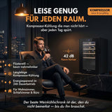 WK 50 Weinkühlschrank – 15 Flaschen, 5–20 °C einstellbar, abschließbar, LED-Beleuchtung, Glastür, Touchscreen, 4 Holz-Einlegeböden, leise