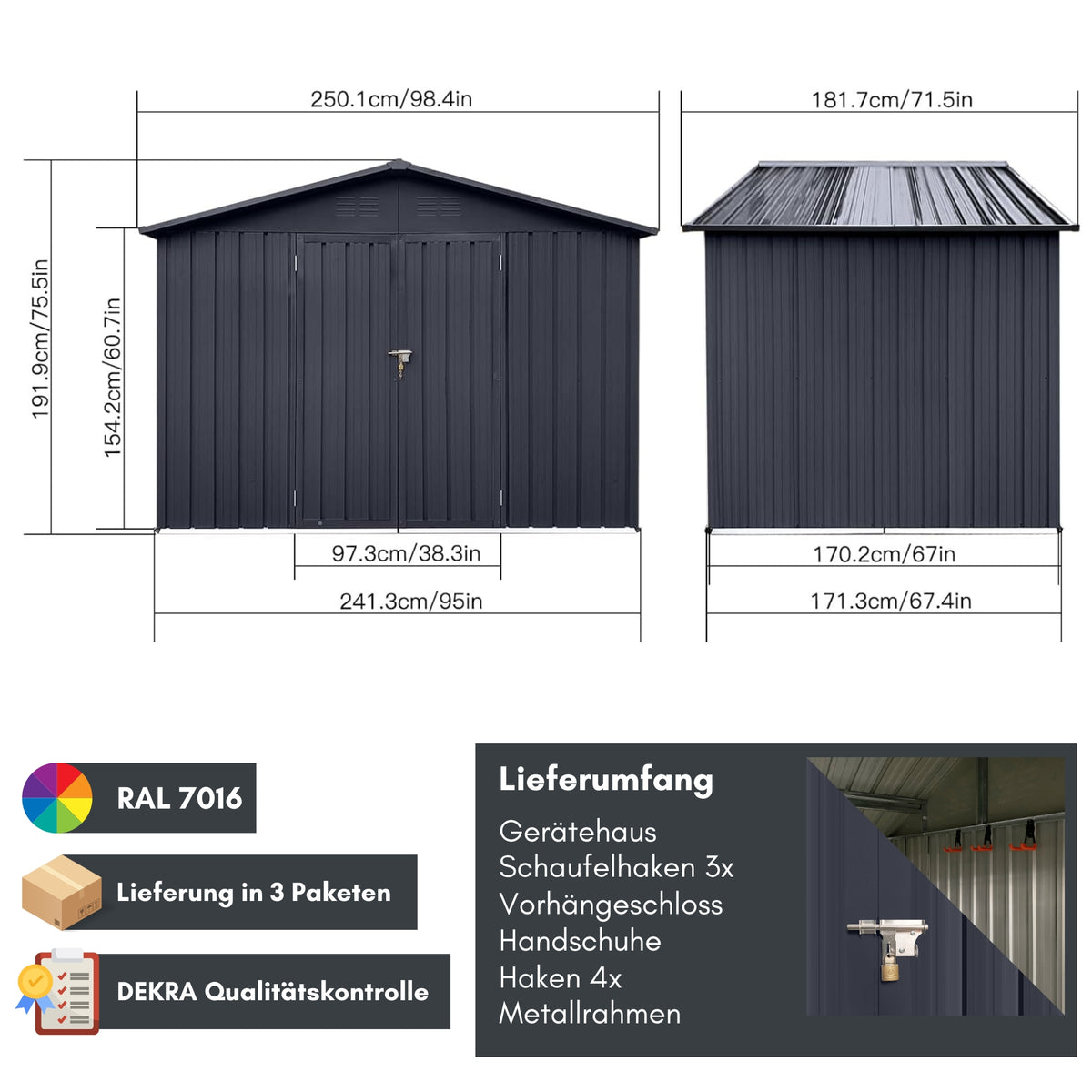 Albatros Profi Gerätehaus XL – verzinktes Metall in Anthrazit (RAL 7016) | 241x171x192cm