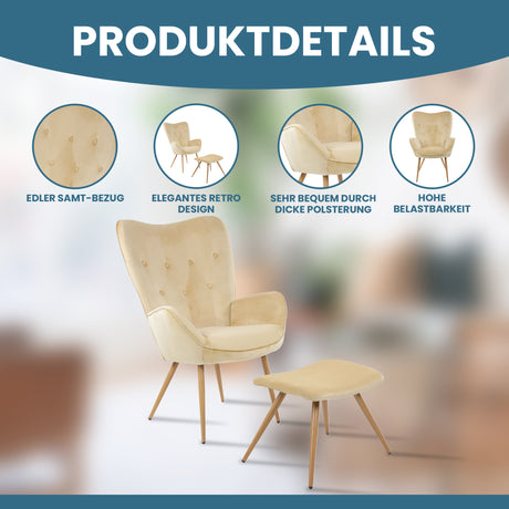 Ohrensessel mit Hocker YORK - Gemütlicher Bezug in Samtoptik