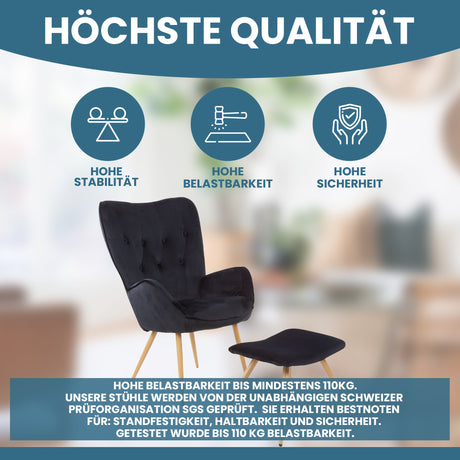 Ohrensessel mit Hocker YORK - Gemütlicher Bezug in Samtoptik