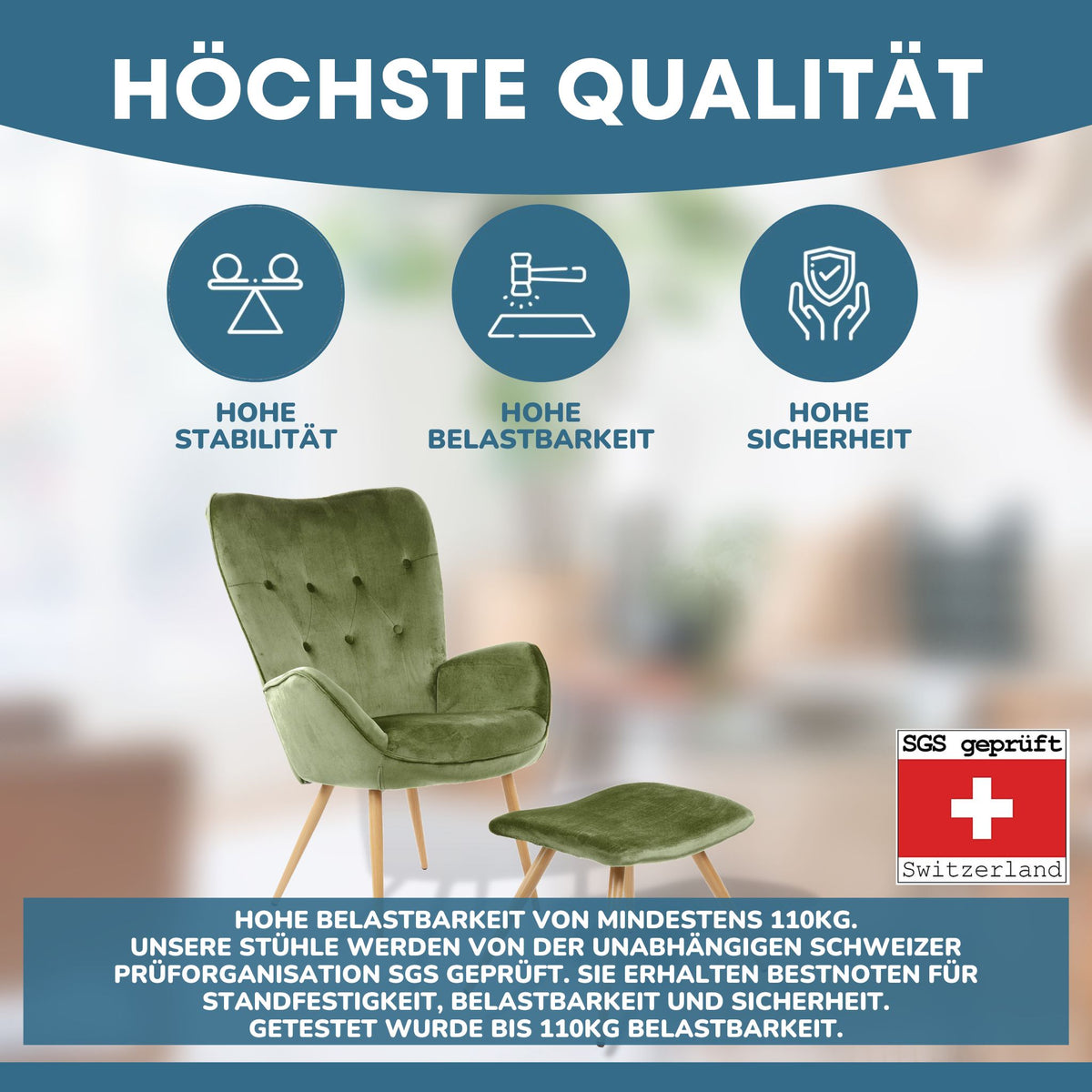 Ohrensessel mit Hocker YORK - Gemütlicher Bezug in Samtoptik