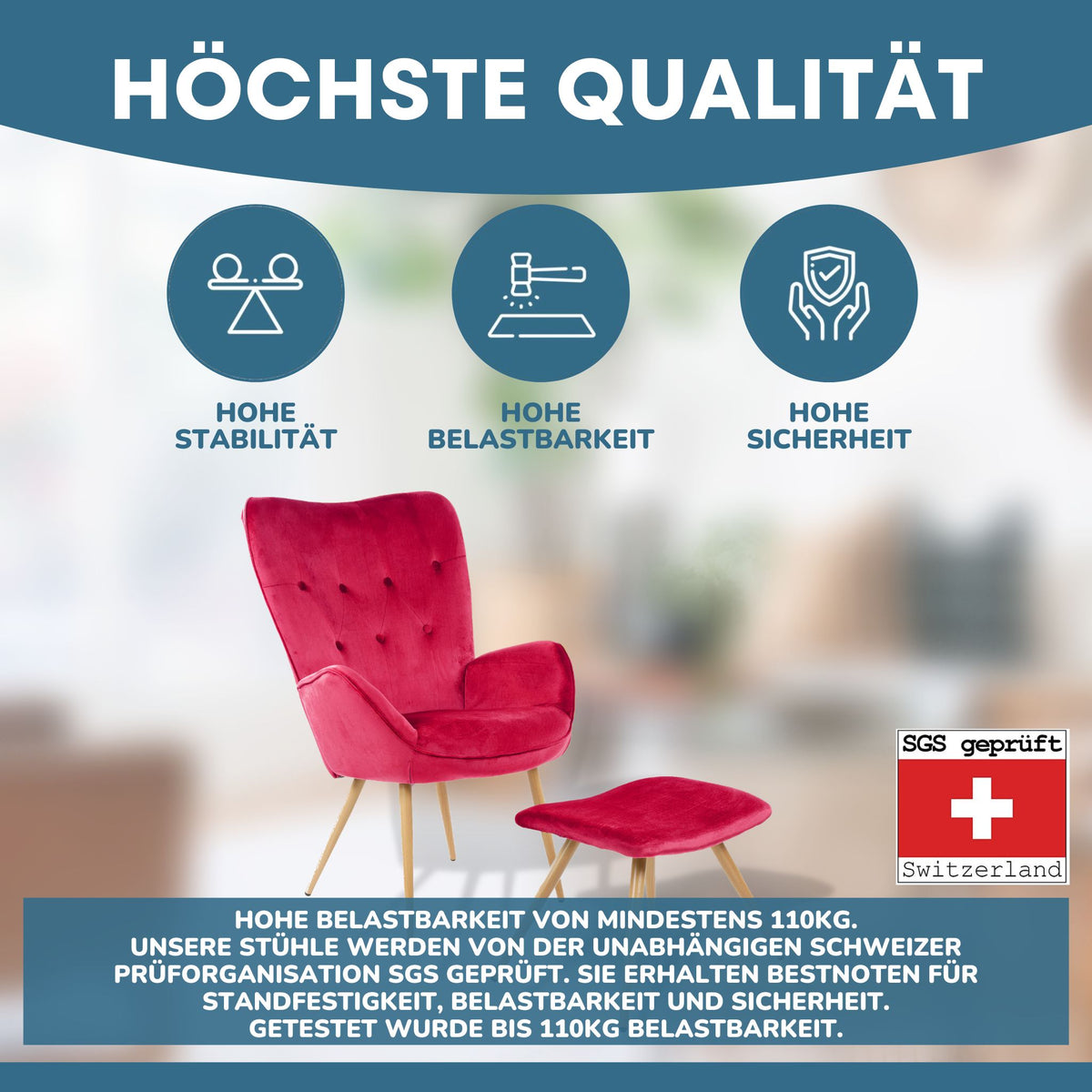 Ohrensessel mit Hocker YORK - Gemütlicher Bezug in Samtoptik