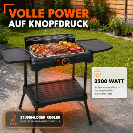 Sommertal BBQ231 Elektrogrill | Balkongrill | 2200W | Camping Grill | 2in1 Tischgrill mit Standfuß | Stufenloser Temperaturregler