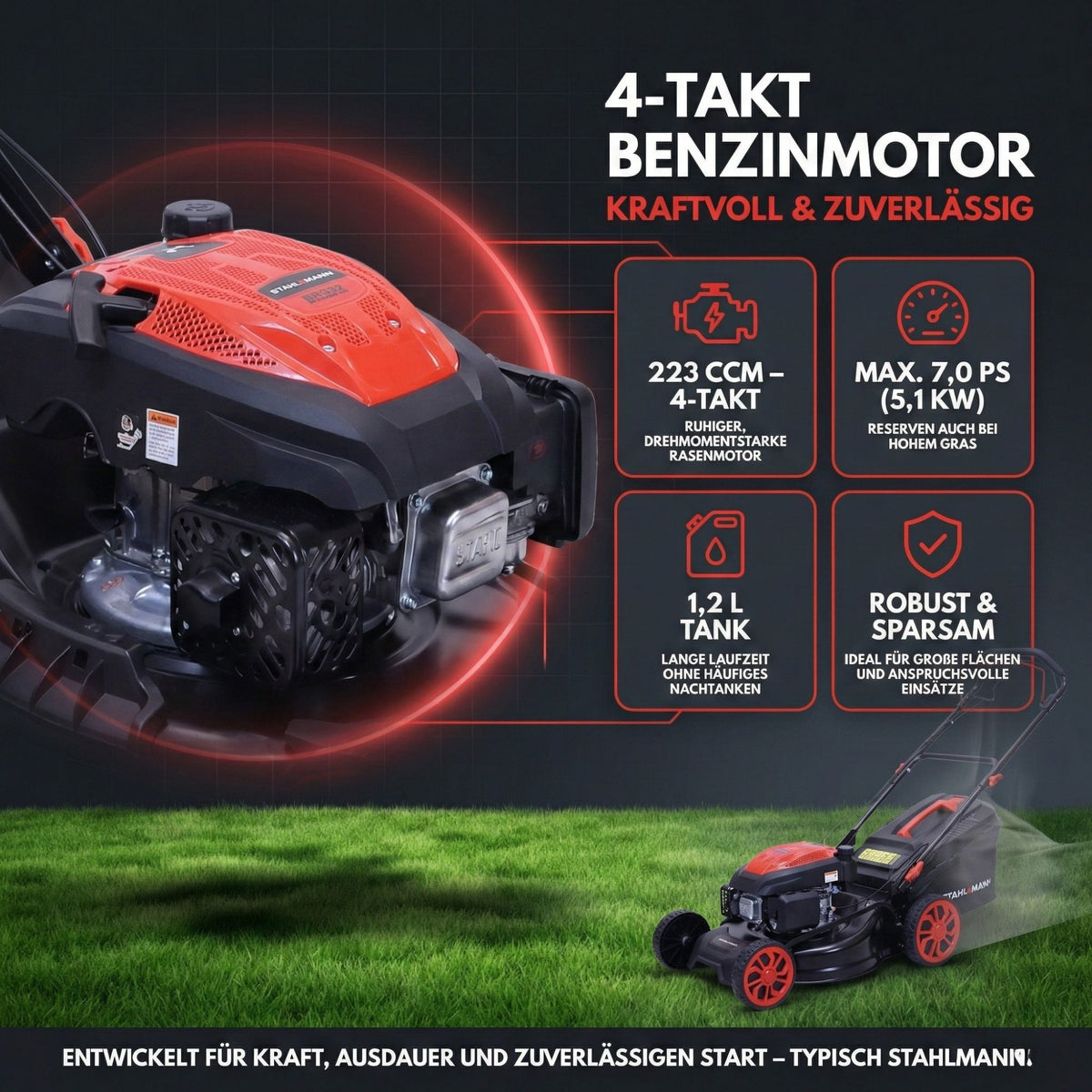 Rasenmäher Benzin mit Antrieb BR532 – 7,0PS (5,1kW) 224ccm mit Antrieb, 53cm Schnittbreite, Mulchen, Schnitthöhenverstellung, Easy Clean Anschluss, Große Räder, 60L Korb