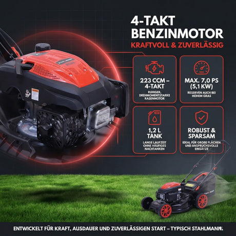 Rasenmäher Benzin mit Antrieb BR532 – 7,0PS (5,1kW) 224ccm mit Antrieb, 53cm Schnittbreite, Mulchen, Schnitthöhenverstellung, Easy Clean Anschluss, Große Räder, 60L Korb