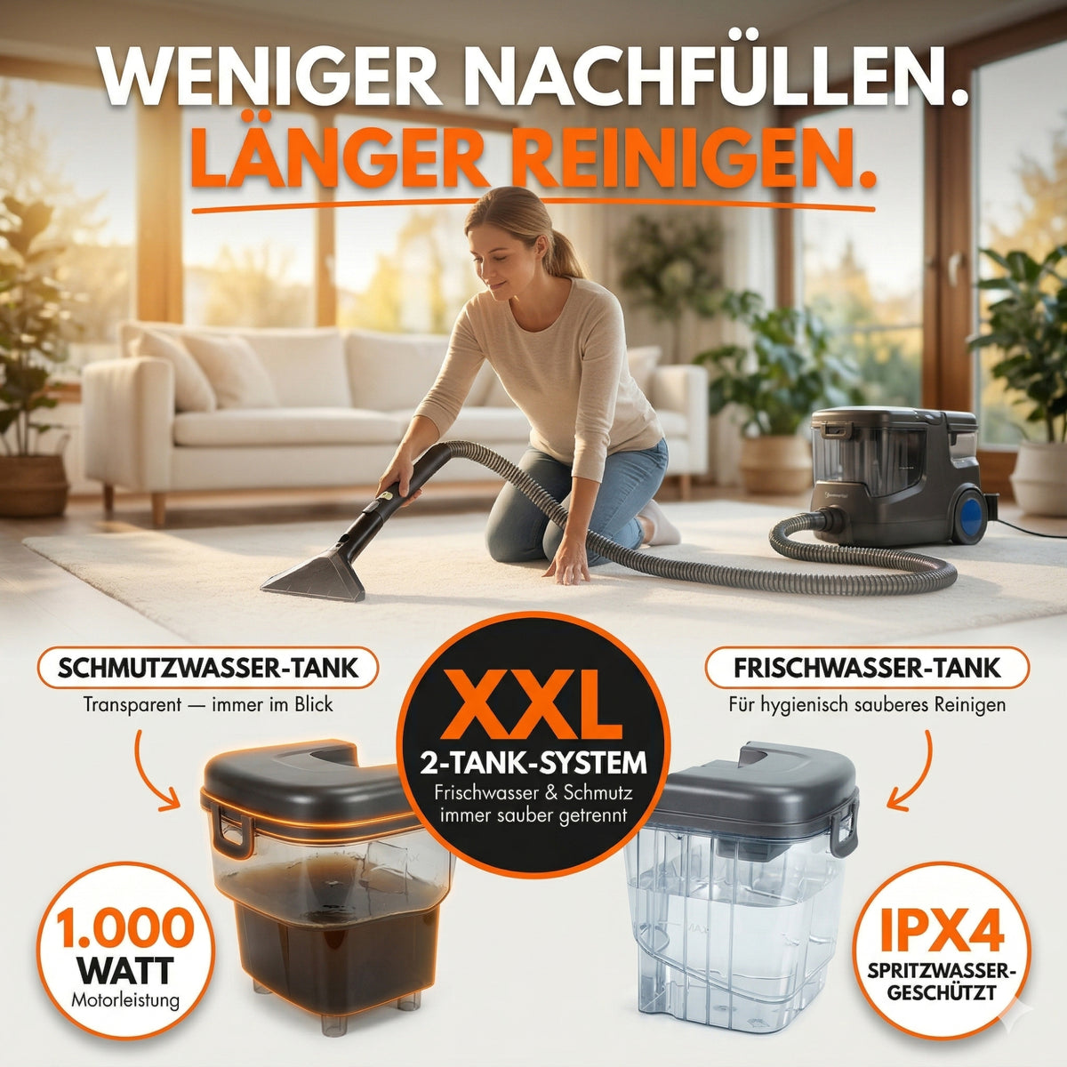 Waschsauger HYDRO 9000 MAX, Teppichreiniger & Polsterreiniger mit Dampffunktion